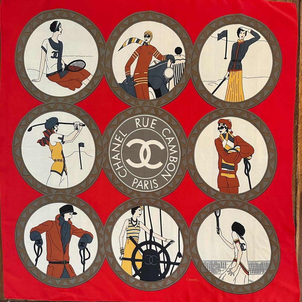 CHANEL Red, Cream & Gold Graphic Panel Silk Tapestry